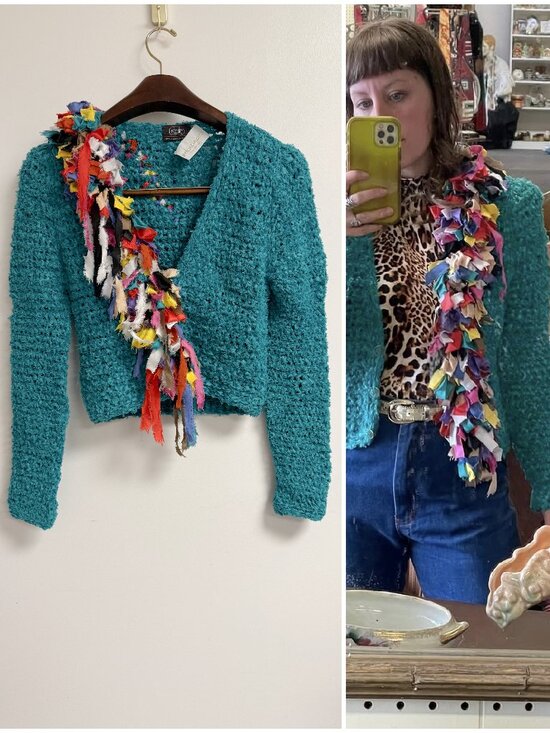 Vintage Sweaters - Vintage 80s Teal Multicolor Stretch Knit Unique Artsy Cardigan Sweater S/M